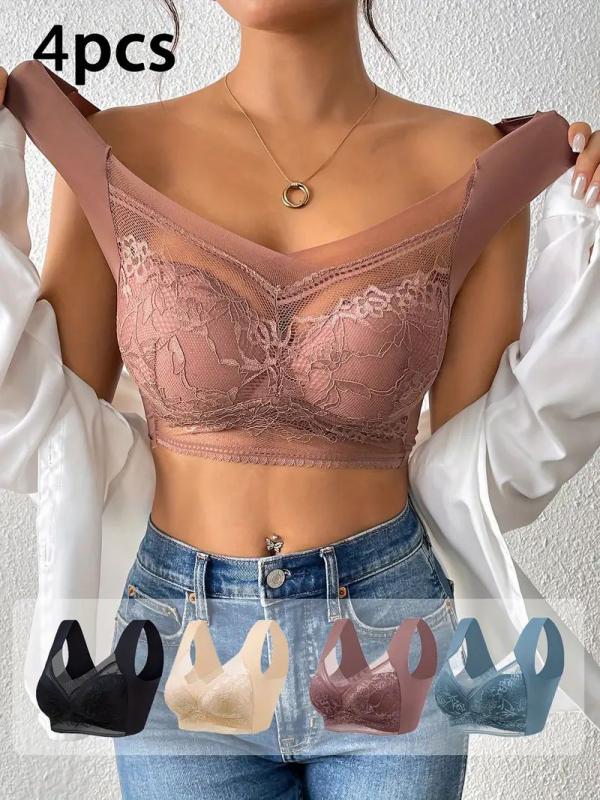 4pcs Elegant Lace Bralettes for Women - Wireless, 